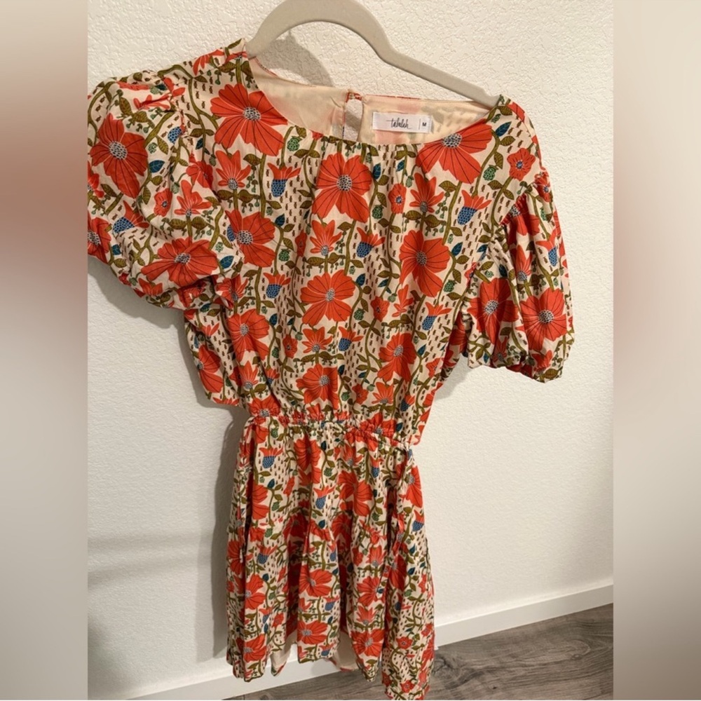 TALULAH Floral Mini Dress in Cream and Red with Blue Accents